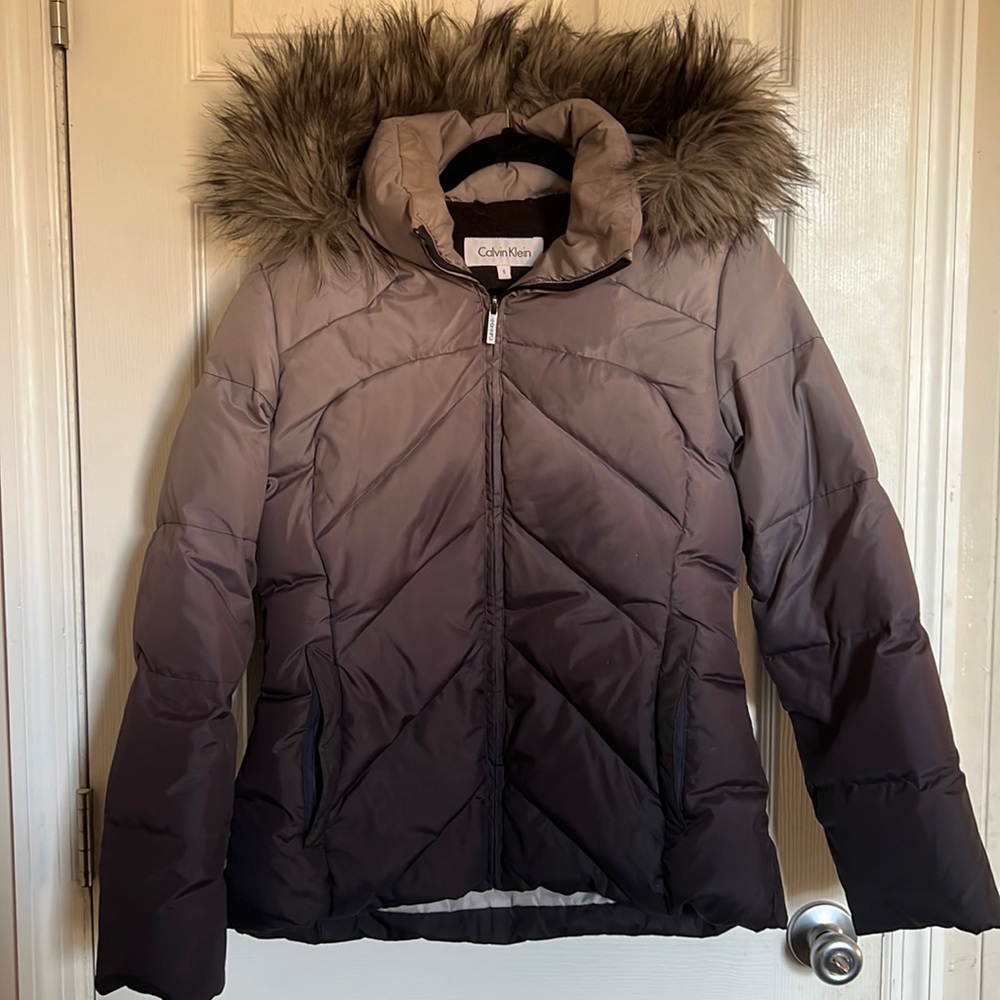 Calvin Klein Ombré Grey Royal Purple Puffer Coat Faux Fur Hood